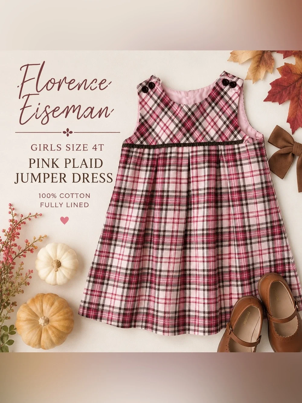 Florence Eiseman Girls 4T Pink Ivory Tartan Plaid Cotton Jumper Dress